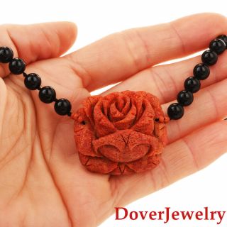 Estate Onyx Coral 14K Gold Carved Rose Flower Bead Necklace 30.  7 Grams NR 5