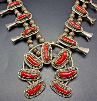 Vintage Navajo Sterling Silver & Old Red Branch Coral Squash Blossom Necklace