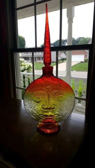 Vintage Blenko Glass Wayne Husted Art Face Bottle Vase Sun Moon Man Tangerine