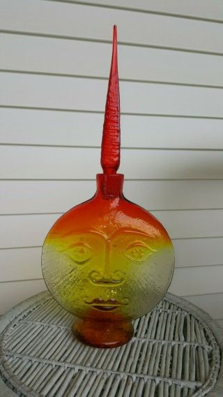 Vintage Blenko Glass Wayne Husted Art Face Bottle Vase Sun Moon Man Tangerine 2