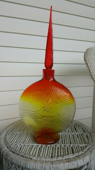 Vintage Blenko Glass Wayne Husted Art Face Bottle Vase Sun Moon Man Tangerine 3