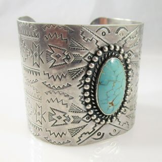 Southwest Native Turquoise Wide Cuff Bracelet Vintage Sterling Stamped 66g 6.  5 "