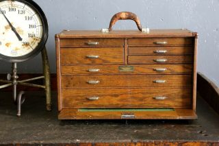 Vintage 1940s Union Steel 8 Drawer Oak Machinist Tool Chest Box With Key