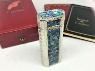 Mega Rare Auth Cartier 3 - Sides Opal Inlay Mosaic Limited Etched Lighter Silver