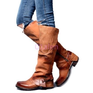 Womens Buckle Zipper Vintage Western Cowboy Knee High Leather Boots Riding Shoes