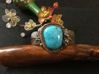 Vintage Navajo Signed Sterling Silver Stamped Blue Turquoise Cuff Bracelet