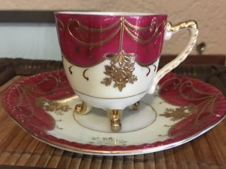 Vintage Tea Cup And Saucer Ucagco - Japan Burgundy,  Cream And Gold - Stunning