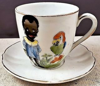 Vintage Black Americana Porcelain Teacup And Saucer Black Girl & Parrot Nr