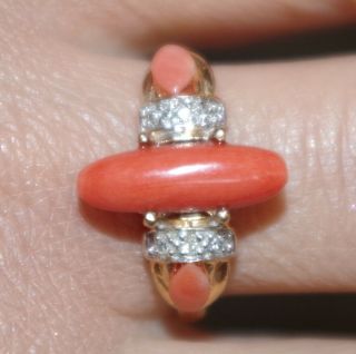 Vintage Gorgeous 14k Large Carved Italian Salomon Red Coral Diamond Ring Size 9