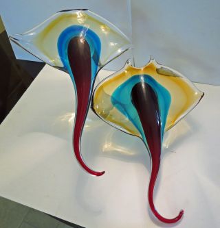 Very Rare Murano Art Glass Signed Oscar Zanetti Manta Rays On Stand