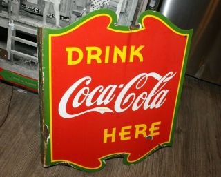 Vintage 1939 Coca Cola Soda Pop 2 Sided Porcelain Metal Flange Sign