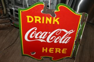 Vintage 1939 Coca Cola Soda Pop 2 Sided Porcelain Metal Flange Sign 5