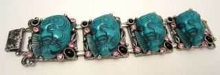 Rare 7 - 1/2x1 - 1/2 " Signed Selro Silver Tone Jeweled Blue Noh Devil Bracelet A57