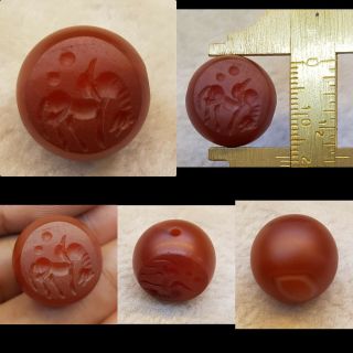 Ancient Dark Red Agate Stone Very Old Stamp Seal Beads Wind Horse Intagilo 54j