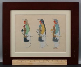 Antique 1946 Martinez Native American Hopi Indian Man Rattle & Bow Painting 2