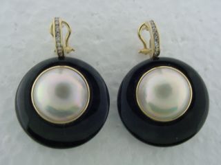Estate Diamond Onyx Mabe Pearl 14k Yellow Gold Heart Bow Earrings 20.  6 Grams Nr