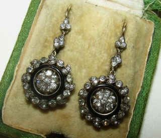 Iconic,  Gorgeous,  Antique Georgian 9 Ct Gold Enamel Earrings With Old Cut Paste
