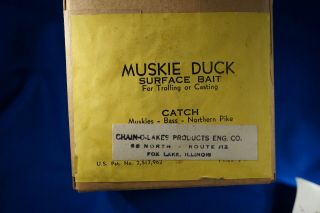VINTAGE MUSKIE - DUCK SURFACE BAIT WITH PAPER FOX LAKE,  ILLINOIS 4