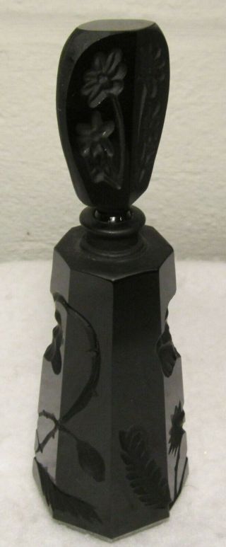 Vintage Black Cut Pressed & Etched Glass Perfume Bottle 6 1/2 "