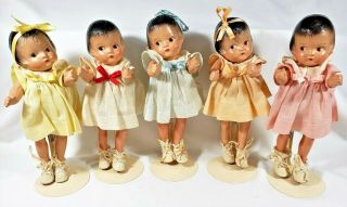 Vintage C1930 Set Of Dionne Quintuplets Dolls In Suitcase W Stands 8.  5 ",  Compo