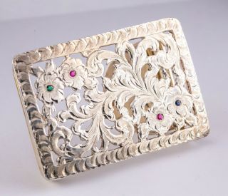 Sterling Diablo Vintage Belt Buckle Etched Floral Flower Design With Gemstones
