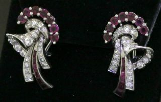 Heavy Vintage 14k Wg 5.  40ct Vs1/g Diamond & Ruby Ribbon Earrings