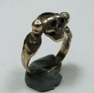 MUSEUM Antique Georgian Victorian Memento Mori Gold 14k Skull Ring Garnet Eye 9