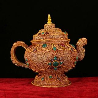 Chinese Antique Tibetan Style Hand - Set Gemstone Silver Teapot Flagon