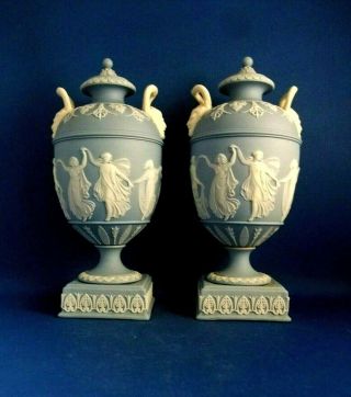 Antique 19thc Wedgwood Jasperware Covered Urns / Vases The Dancing Hours