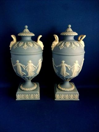 ANTIQUE 19THC WEDGWOOD JASPERWARE COVERED URNS / VASES THE DANCING HOURS 5