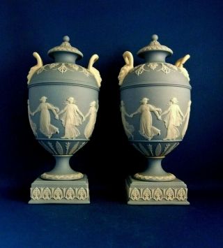 ANTIQUE 19THC WEDGWOOD JASPERWARE COVERED URNS / VASES THE DANCING HOURS 6