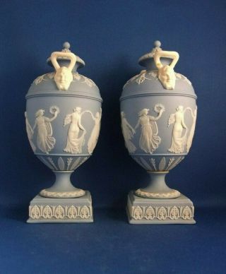 ANTIQUE 19THC WEDGWOOD JASPERWARE COVERED URNS / VASES THE DANCING HOURS 8