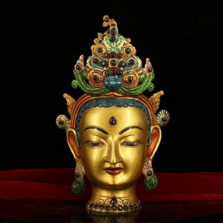Chinese Antique Tibetan Buddhism Old Copper Hand - Set Gemstone Tara Buddha Statue