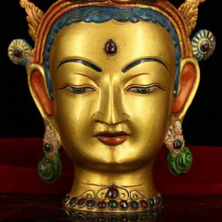 Chinese Antique Tibetan Buddhism old copper hand - set gemstone Tara Buddha statue 2
