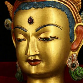 Chinese Antique Tibetan Buddhism old copper hand - set gemstone Tara Buddha statue 4