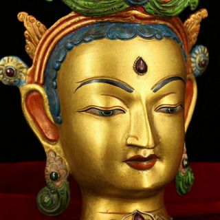 Chinese Antique Tibetan Buddhism old copper hand - set gemstone Tara Buddha statue 5