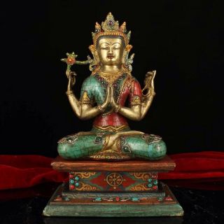 Chinese Tibetan Buddhism Old Copper Hand - Set Gemstone Four - Armed Guanyin Buddha