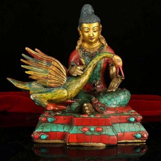 Chinese Antique Tibetan Buddhism Old Copper Hand - Built Gemstone Crane Tara