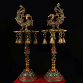 Chinese Antique Tibetan Buddhism Old Copper Hand - Built Phoenix Oil Lamp A Pair