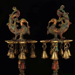 Chinese Antique Tibetan Buddhism old copper hand - built Phoenix oil lamp a pair 2