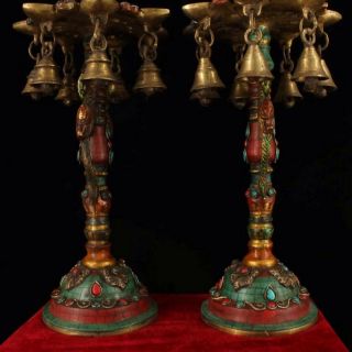Chinese Antique Tibetan Buddhism old copper hand - built Phoenix oil lamp a pair 3