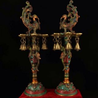 Chinese Antique Tibetan Buddhism old copper hand - built Phoenix oil lamp a pair 4