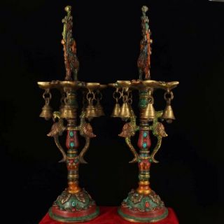 Chinese Antique Tibetan Buddhism old copper hand - built Phoenix oil lamp a pair 5