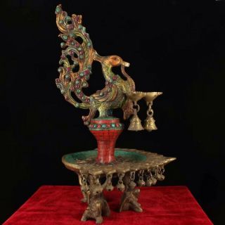 Chinese Tibetan Tibetan Buddhism Old Copper Hand - Set Gemstones Phoenix Oil Lamp