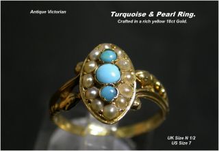 Antique Turquoise & Pearl Ring Size N 18ct Gold Late Victorian C1890s Unusual