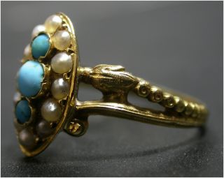Antique Turquoise & Pearl Ring size N 18ct Gold Late Victorian c1890s Unusual 2