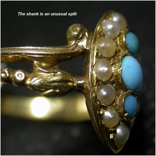 Antique Turquoise & Pearl Ring size N 18ct Gold Late Victorian c1890s Unusual 3