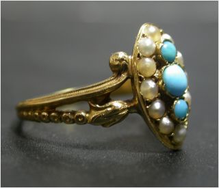 Antique Turquoise & Pearl Ring size N 18ct Gold Late Victorian c1890s Unusual 4