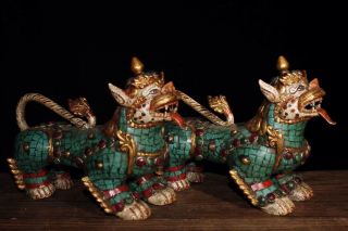 Chinese Antique Tibetan Buddhism Old Copper Inlaid Gem Lion God Beast A Pair
