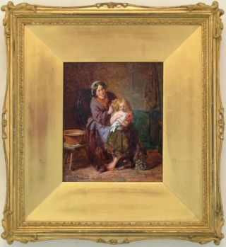 Mother And Child Antique Genre Oil Painting 19th Century English School